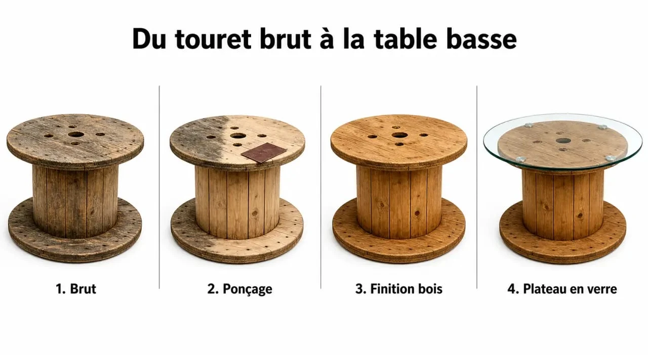 Touret en table basse : transformation DIY avant/après avec ponçage, finition et plateau en verre
