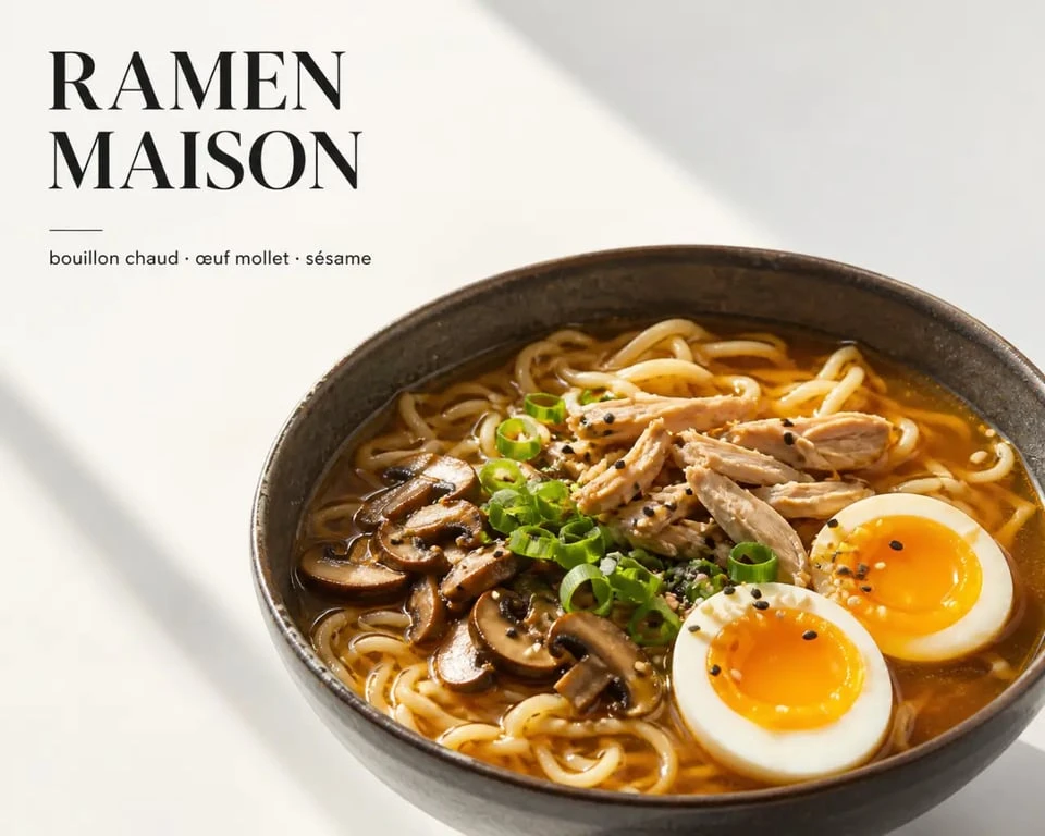 Ramen recette maison au poulet avec bouillon miso, œufs mollets et champignons dans un bol fumant