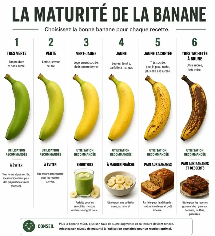 Guide visuel des stades de maturité de la banane et usages recommandés