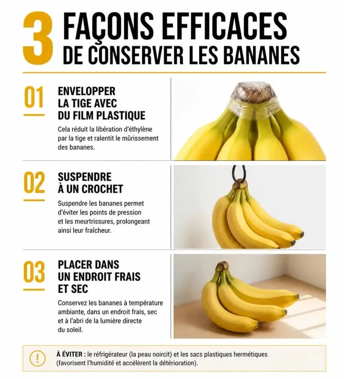 Infographie des méthodes pour conserver ses bananes plus longtemps