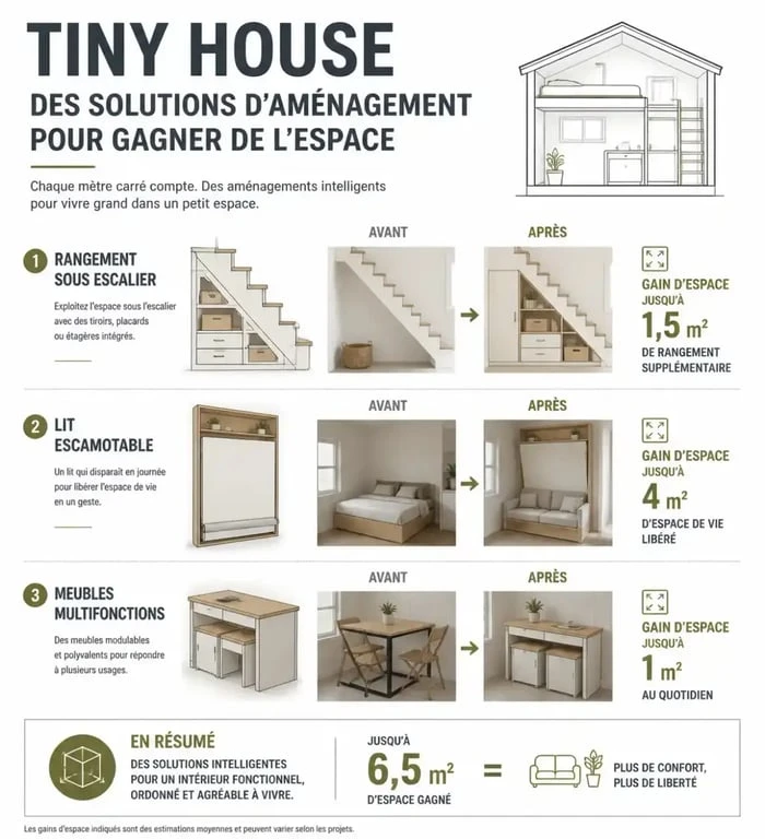 Infographie sur l'aménagement intérieur d'une tiny house pour optimiser l'espace