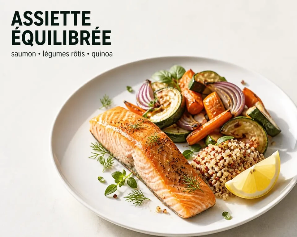 regime idee recette : assiette légère de saumon, légumes rôtis et quinoa