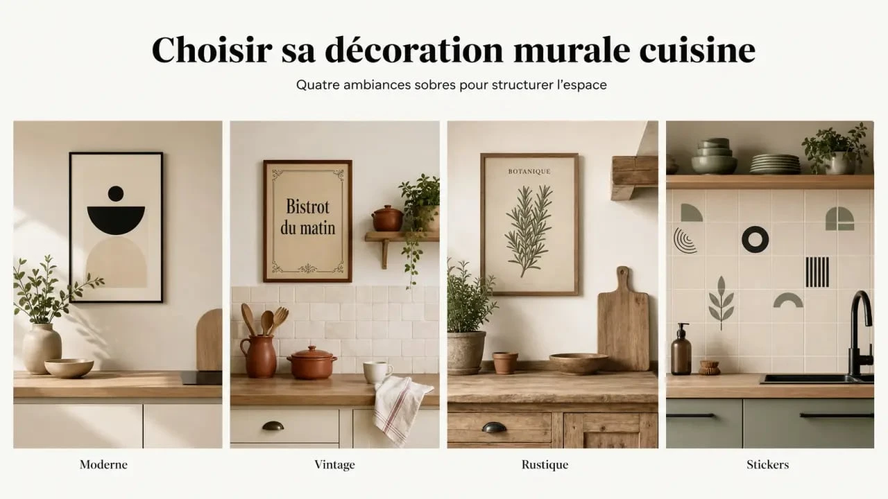 Décoration murale cuisine avec quatre styles d’inspiration : moderne, vintage, rustique et stickers muraux