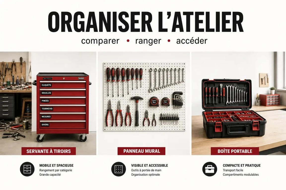 Rangement outil dans un atelier organisé avec servante, panneau mural et boîte portable