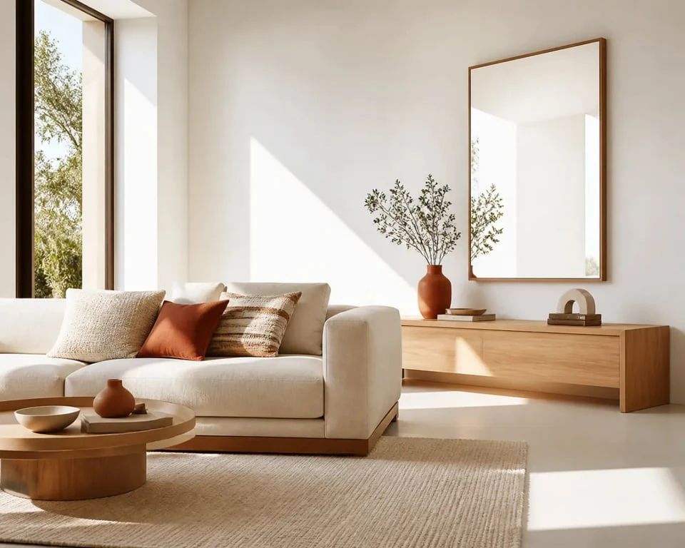 Décoration interieur d’un salon harmonieux avec lumière naturelle, tapis, miroir et coussins bien choisis