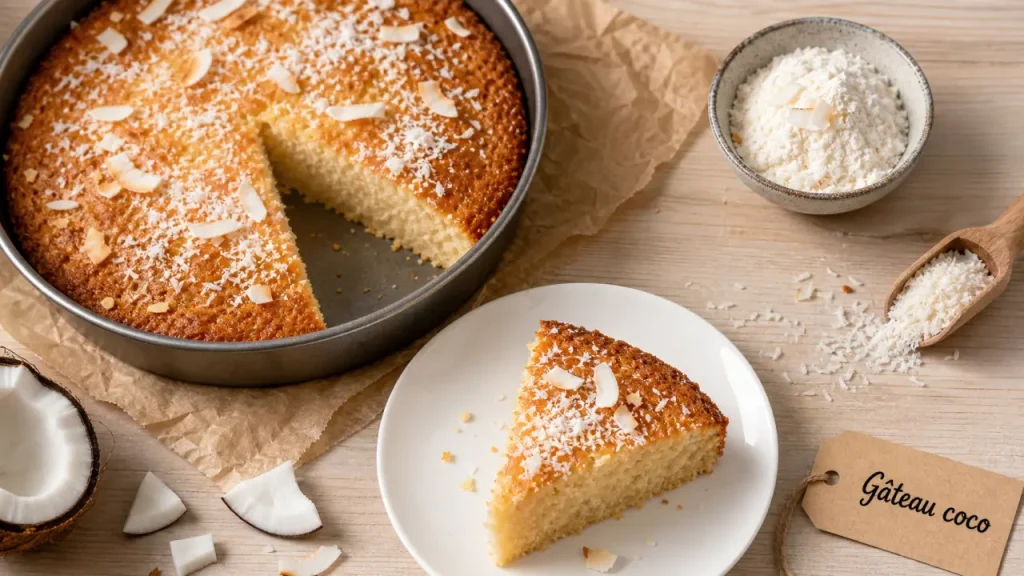 Gateau noix de coco moelleux, part sur assiette blanche