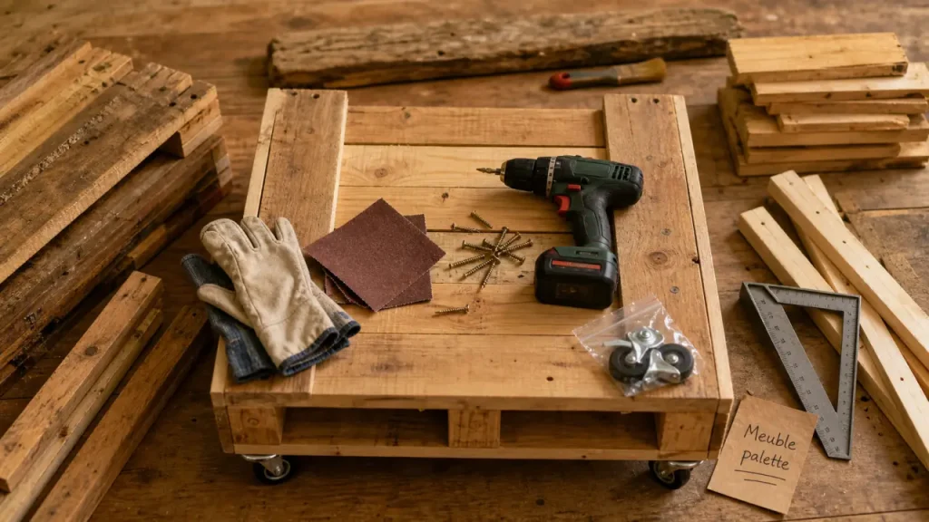 Palette en meuble : table basse en cours sur établi, outils et bois