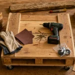 Palette en meuble : table basse en cours sur établi, outils et bois