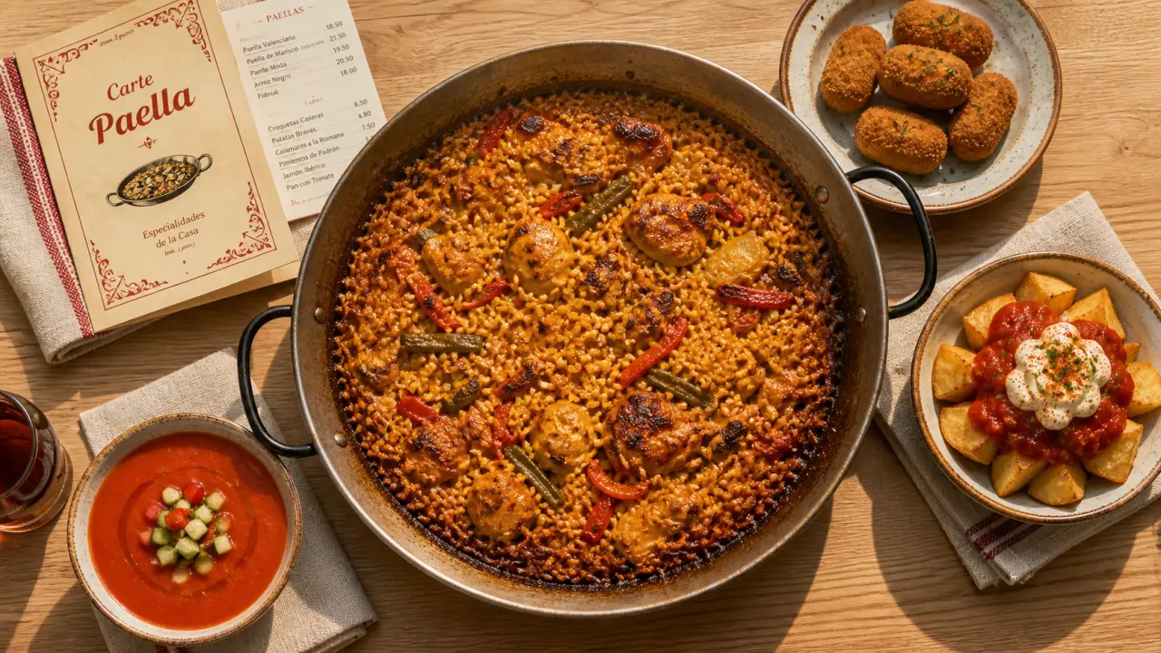 Plats espagnols : paella, tapas et gazpacho sur table en bois