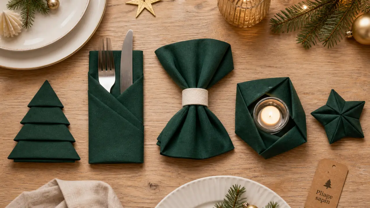 Pliage serviette Noël simple : serviettes sapin, pochette et nœud