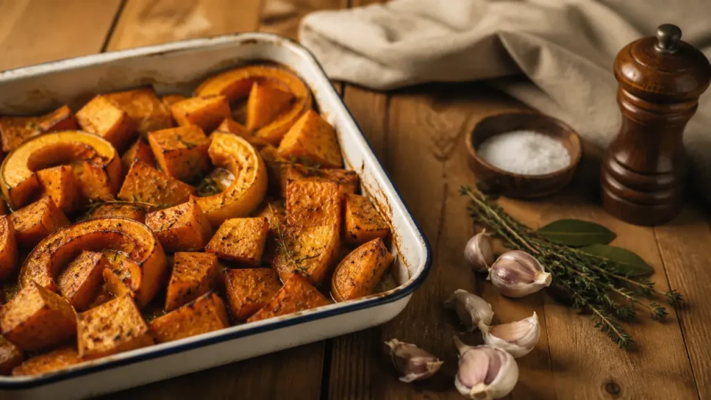 Potiron au four recette : cubes rôtis à l’ail et huile d’olive