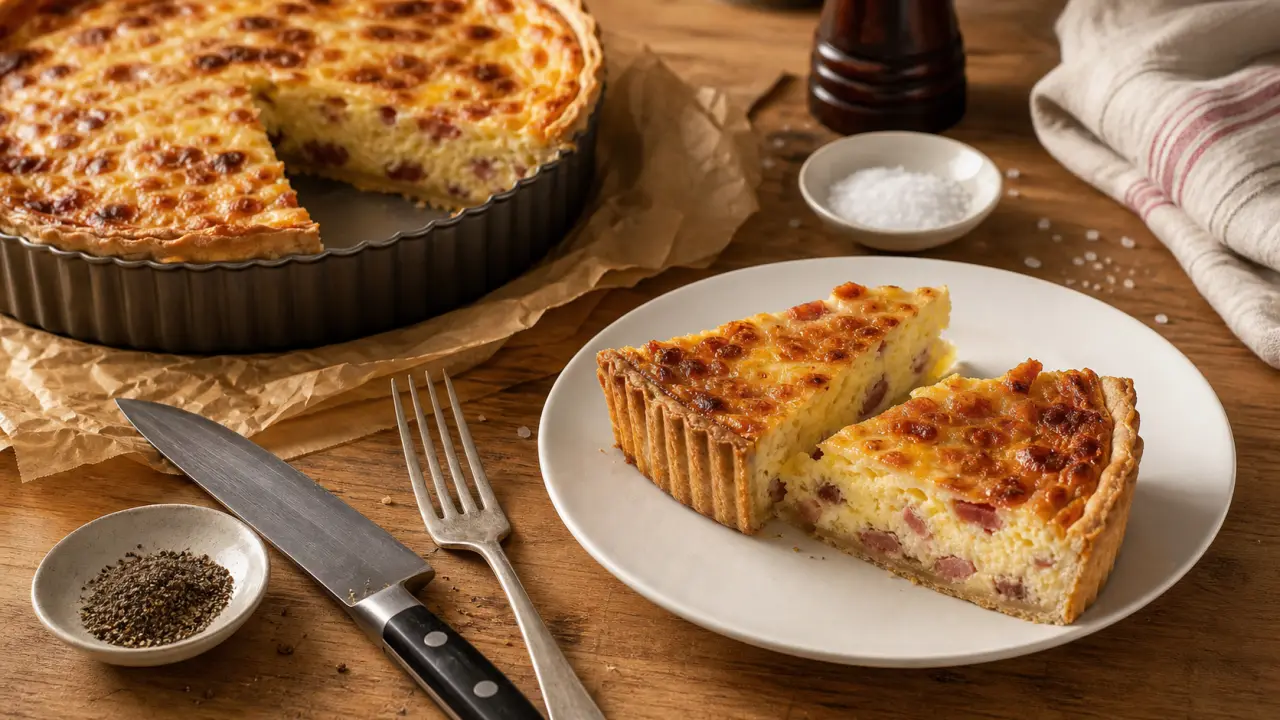 Quiche lorraine épaisse et moelleuse en moule haut 22 cm, bords dorés, lardons