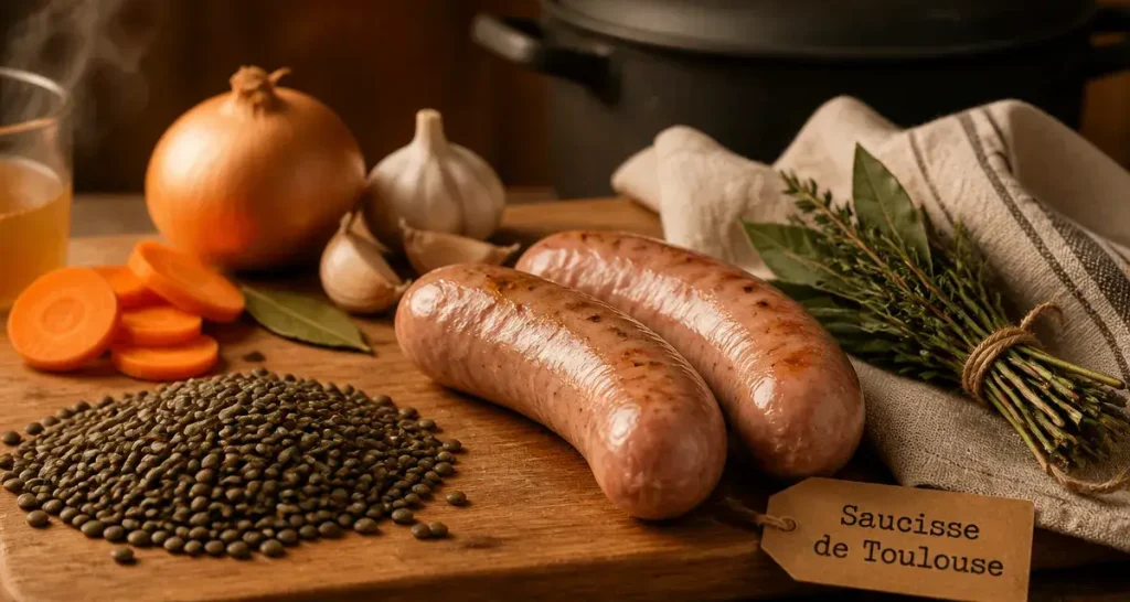 Recette avec saucisse de Toulouse : saucisses dorées et lentilles vertes