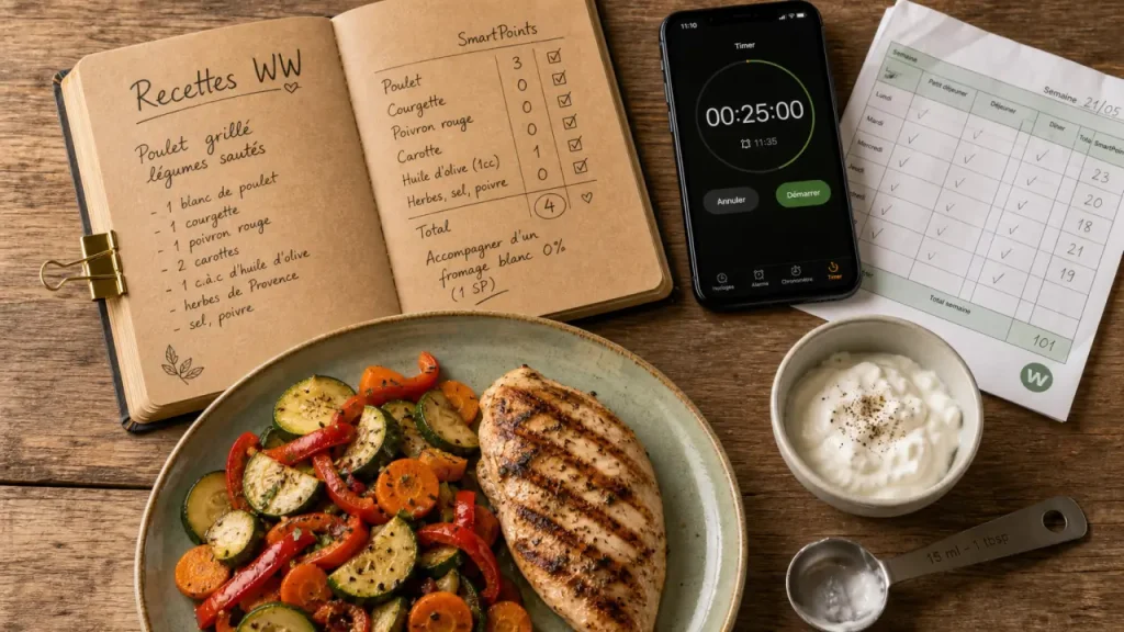 Recette weight watchers : assiette triée selon SmartPoints, légumes et poulet
