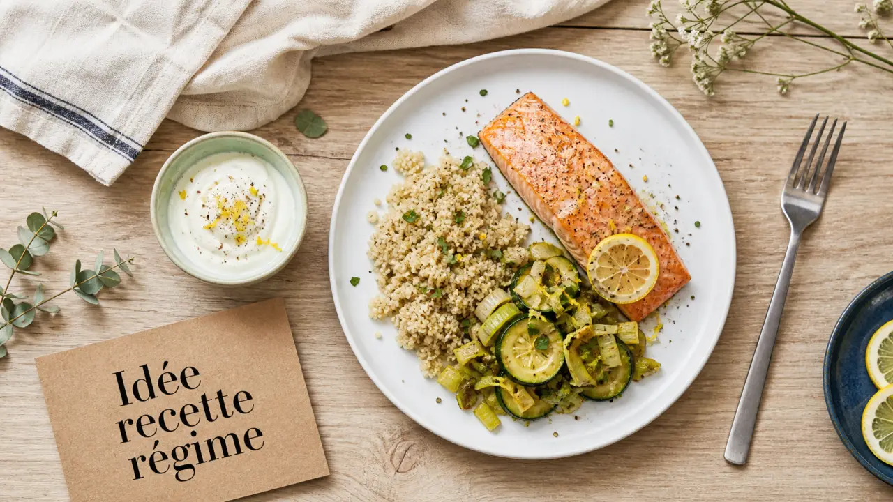 Regime idee recette : saumon rôti, quinoa et légumes, skyr citron
