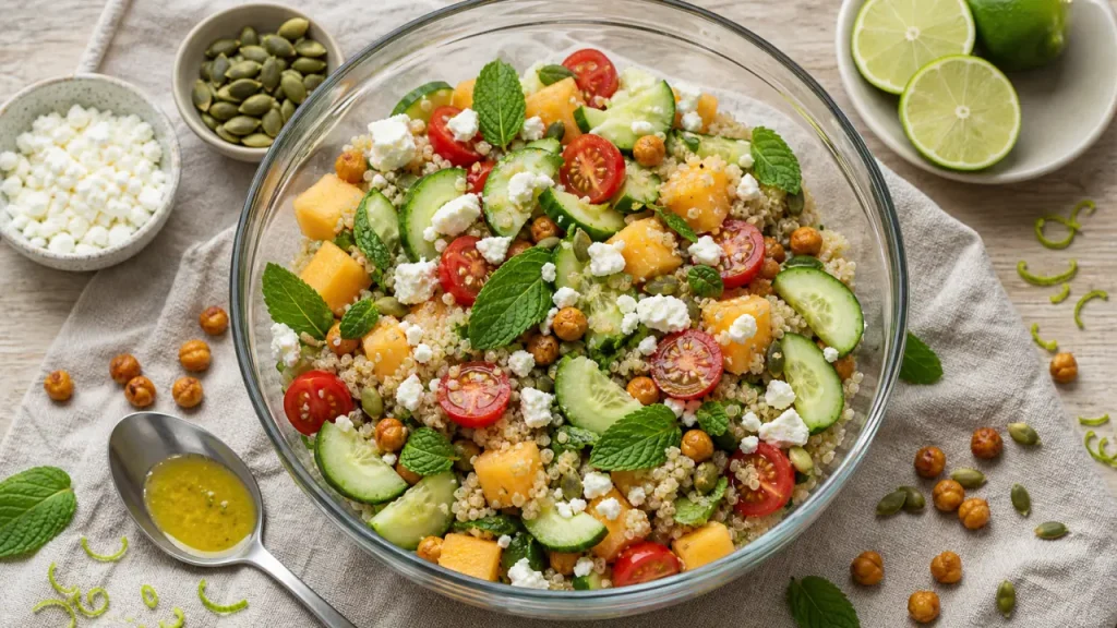 Salade composée facile et originale quinoa menthe, concombre, feta