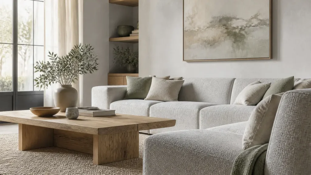Salon gris et blanc : bois, textures et lumière pour éviter un rendu froid