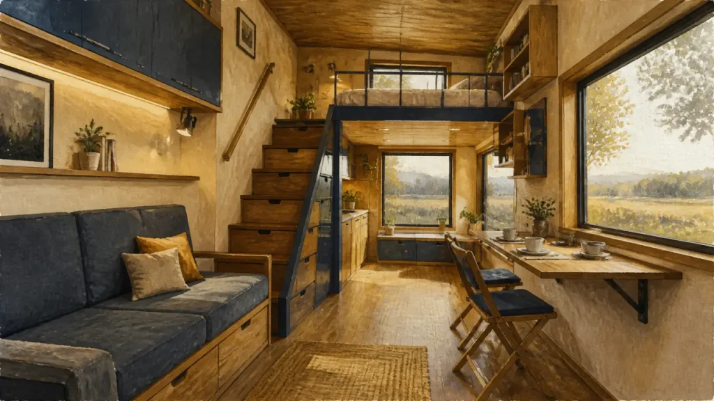 Tiny house interieur : aménagement optimisé, meubles rétractés et lumière naturelle