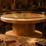 Touret en table basse avec verre de 6 mm et ponçage en atelier DIY