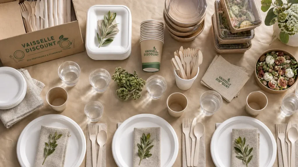 Vaisselle discount sur table de buffet : assiettes, couverts et gobelets réutilisables