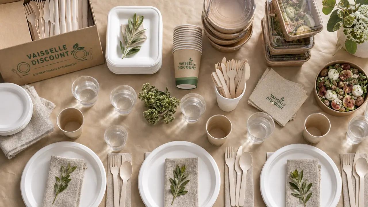 Vaisselle discount sur table de buffet : assiettes, couverts et gobelets réutilisables