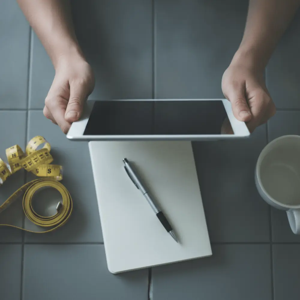 Personne consultant une tablette pour choisir un réfrigérateur avec mètre ruban et carnet de notes sur plan de travail
