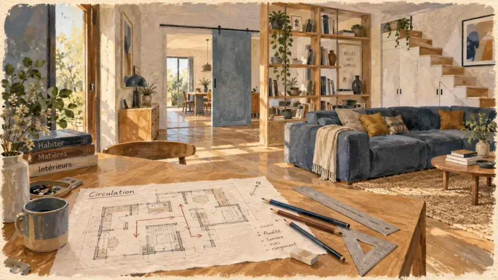 Aménagement maison : plan et porte coulissante pour gagner 1,5 m² par porte