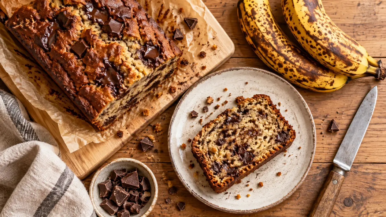Banana bread moelleux aux pépites de chocolat avec bananes presque noires