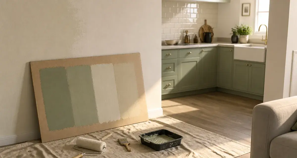 Couleur pour cuisine : mur vert sauge pâle qui agrandit l’espace