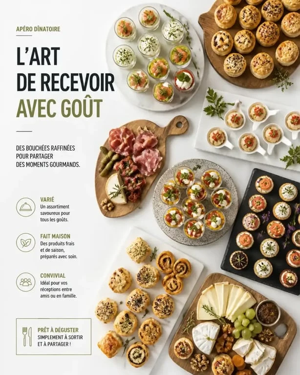 Buffet d'apéro dînatoire varié avec verrines et feuilletés