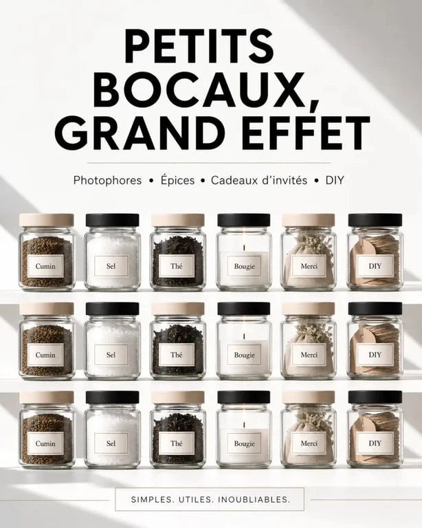 deco bocaux : série de petits bocaux décoratifs alignés pour photophores et cadeaux DIY