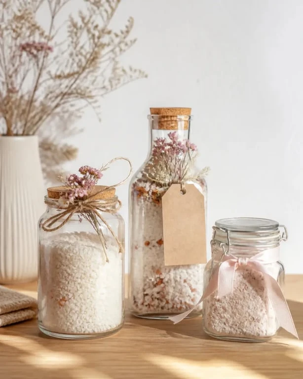 deco bocaux : bocaux en verre décorés avec liège, ficelle et fleurs séchées