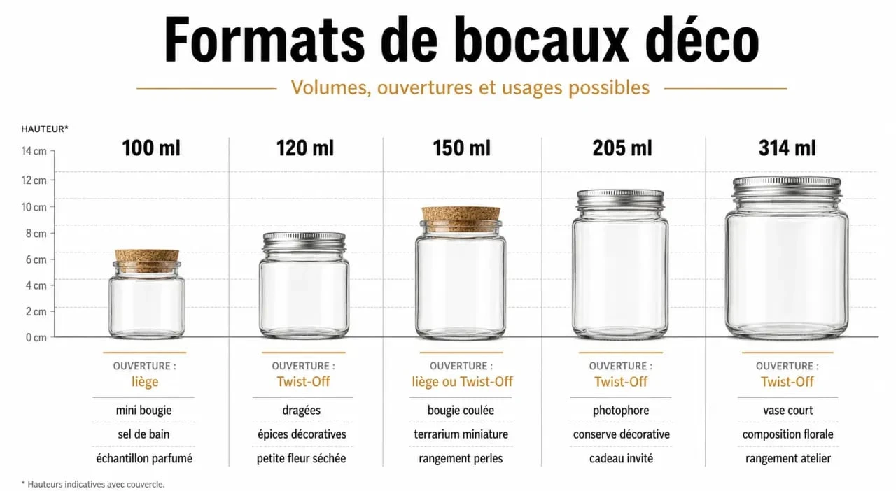 deco bocaux : comparaison visuelle des formats 100 ml à 314 ml et des ouvertures liège ou Twist-Off