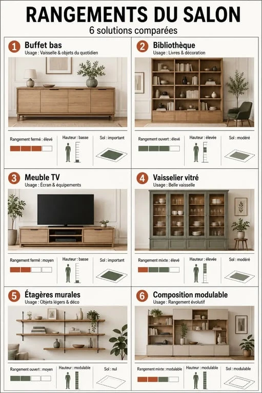 Infographie comparative des meubles de rangement salon : buffet, bibliothèque, meuble TV, vaisselier, étagères et composition modulable
