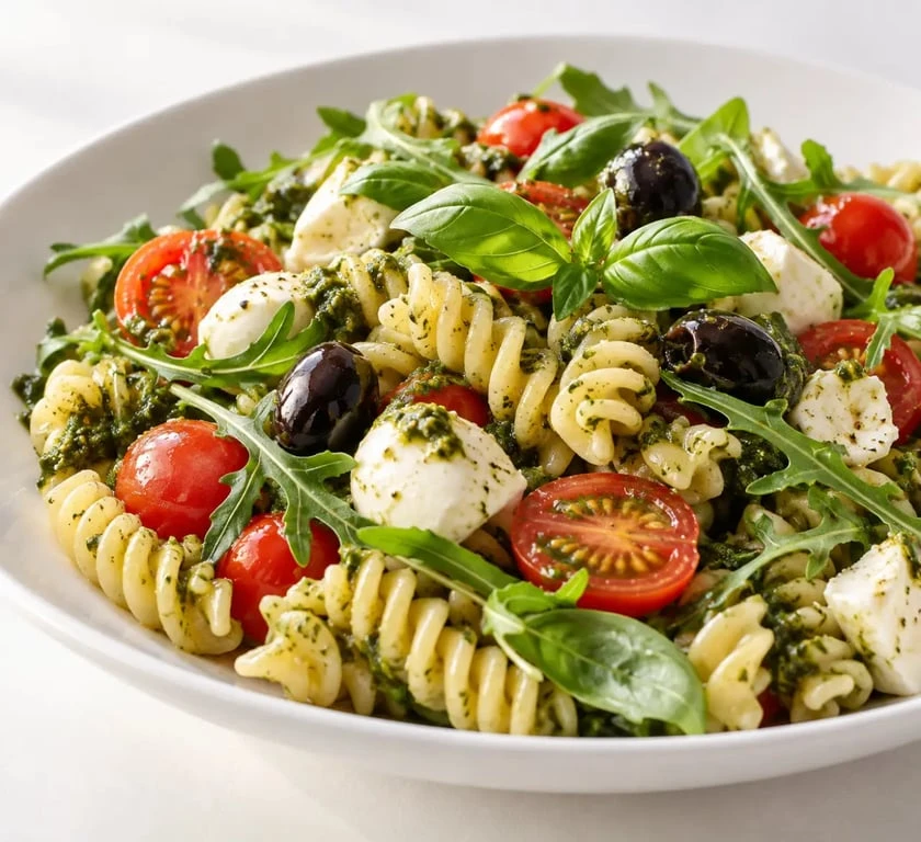 Salade de pates italienne aux tomates, mozzarella, olives, pesto et basilic
