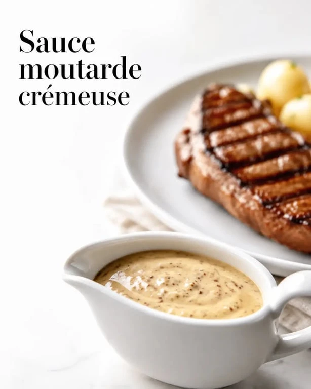 Sauce moutarde onctueuse servie en saucière avec viande grillée et pommes de terre