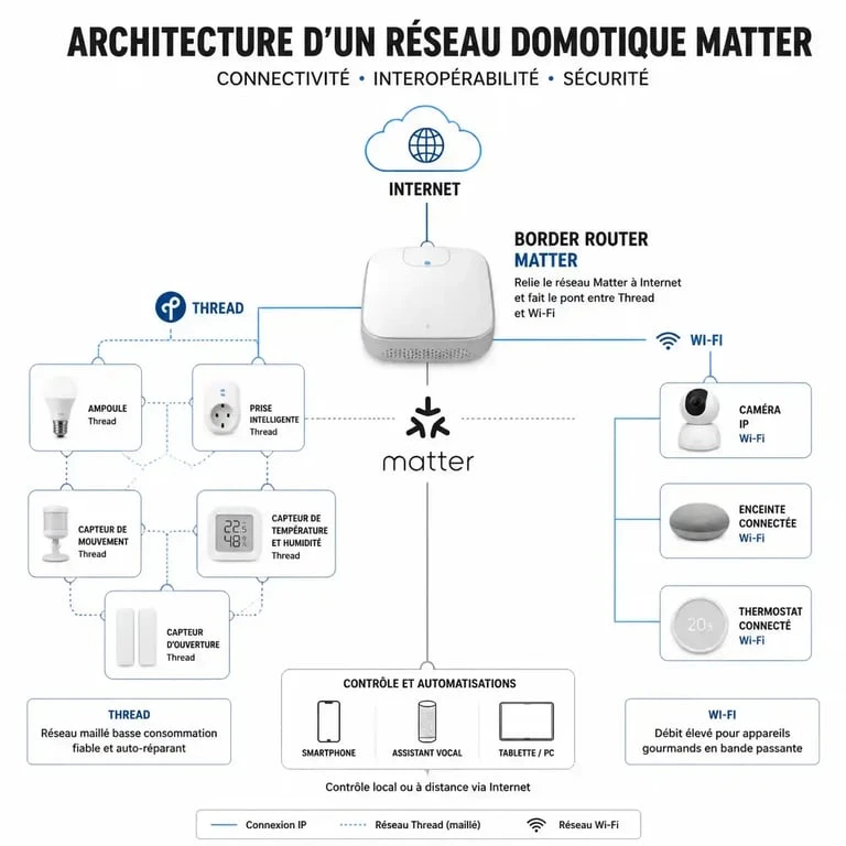 Schéma de fonctionnement du réseau domotique Matter avec border router et protocole Thread