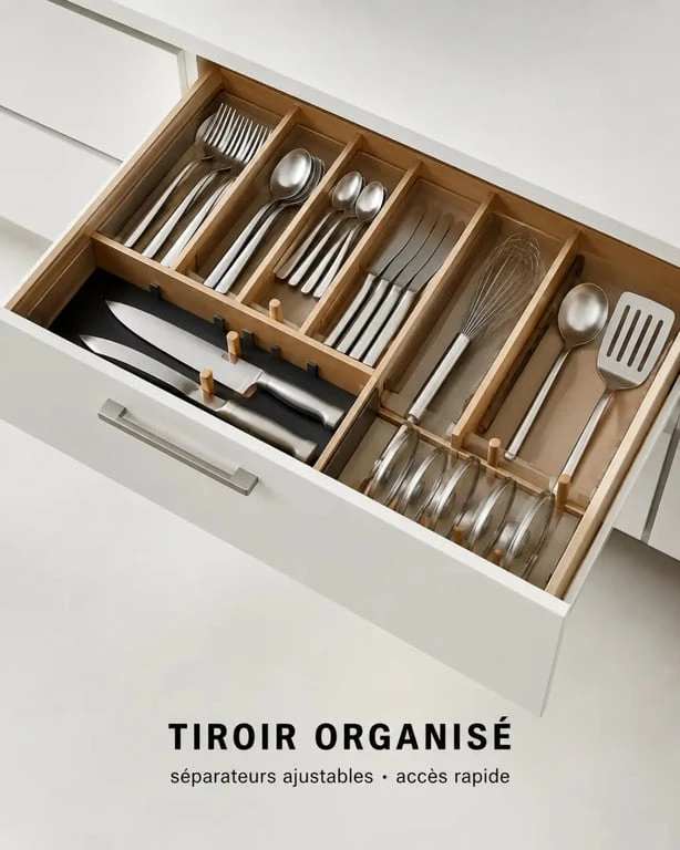 Rangement cuisine dans un tiroir compartimenté avec ustensiles et séparateurs