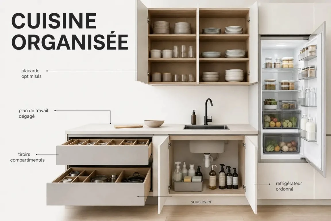 Rangement cuisine dans une cuisine moderne bien organisée avec placards, tiroirs et plan de travail dégagé
