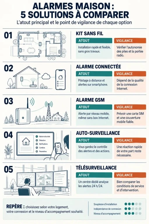 Infographie comparative des solutions d'alarme maison sans fil, GSM, connectée et télésurveillée
