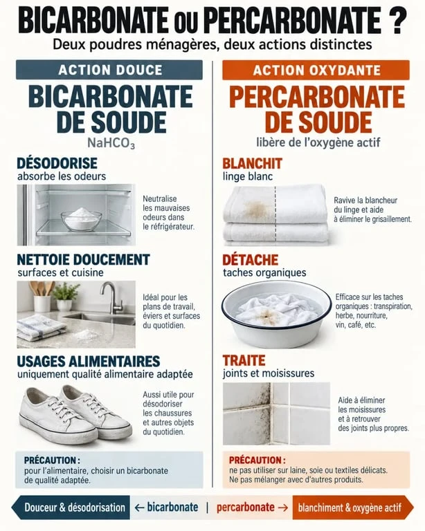Infographie comparative sur le percarbonate de soude et le bicarbonate de soude selon leurs usages