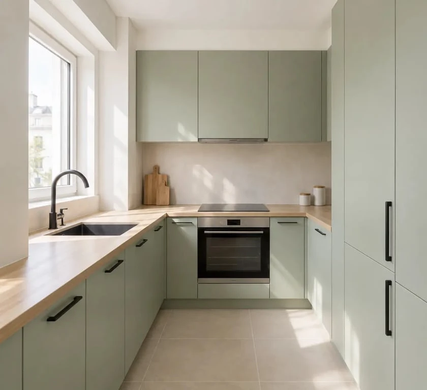 Exemple de couleur pour cuisine petite et sombre avec murs clairs et façades vert sauge