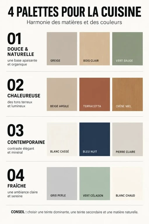 Palettes de couleur pour cuisine avec associations de teintes naturelles, chaleureuses et contemporaines