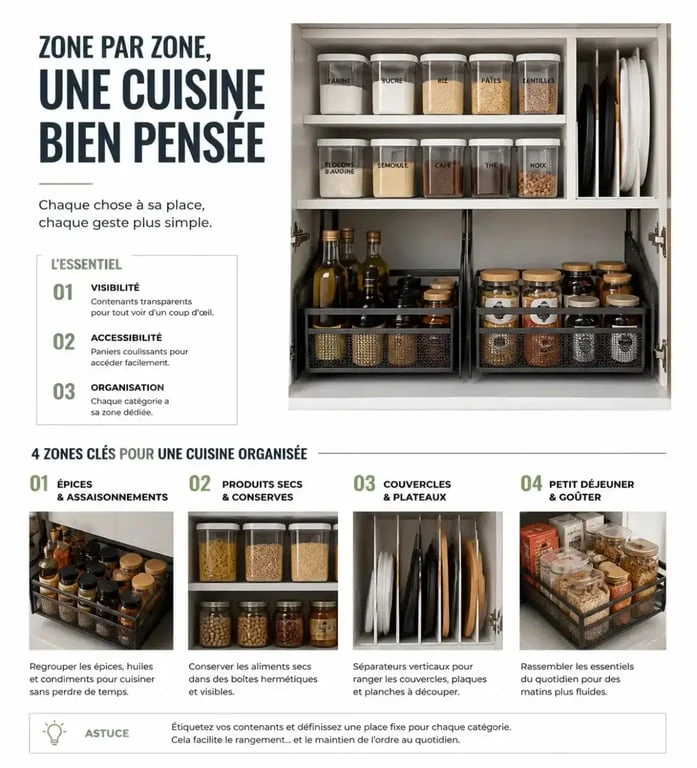Rangement maison dans une cuisine avec boîtes transparentes et séparateurs