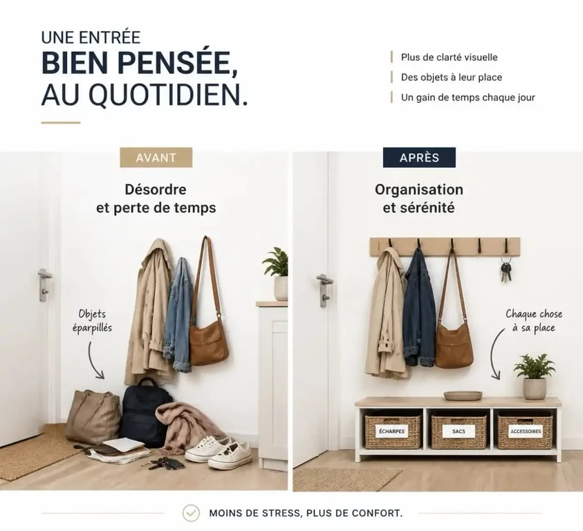 Rangement maison avant après dans une entrée organisée