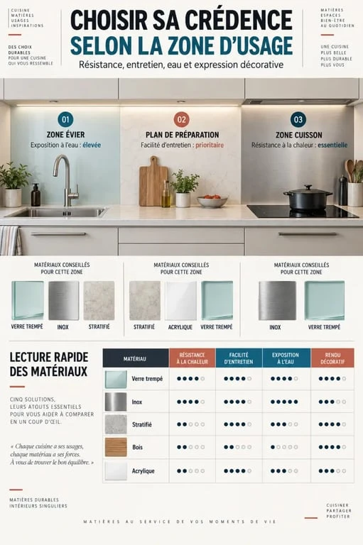 Infographie sur le choix d’une crédence cuisine selon l’évier, les plaques et le matériau