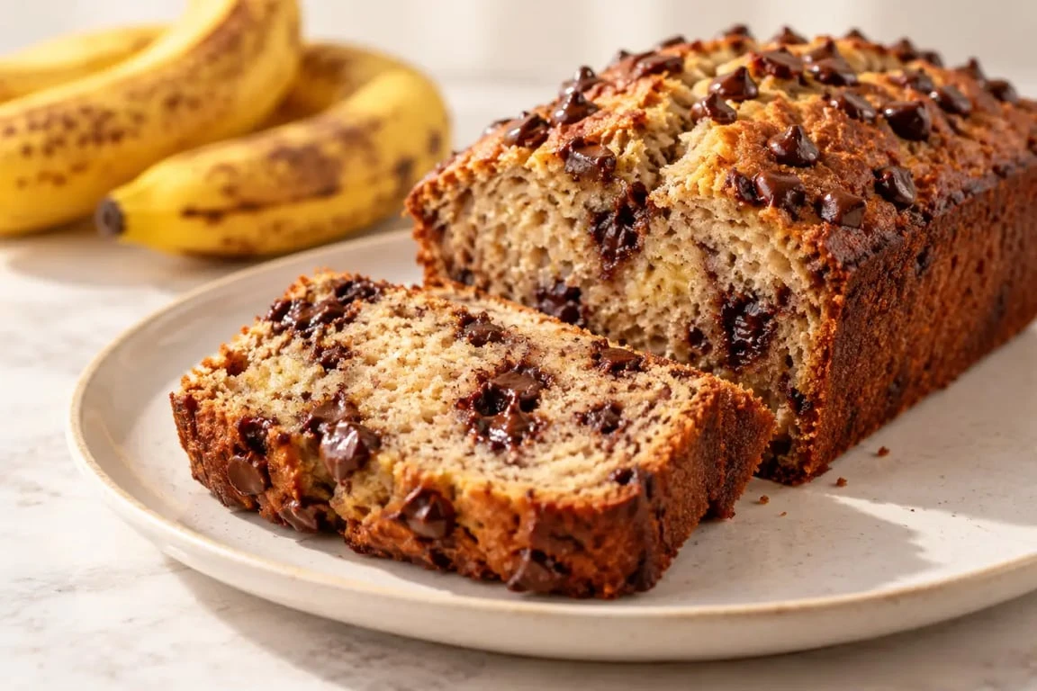 Banana bread aux pépites de chocolat tranché avec des bananes très mûres