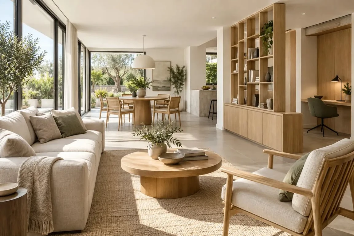 Séjour multifonctionnel illustrant un aménagement maison avec salon, repas, télétravail et rangements