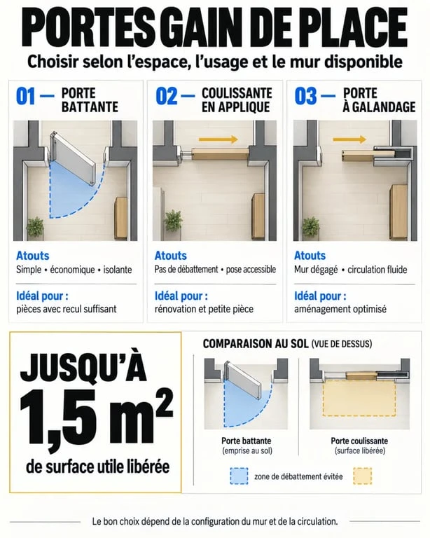 Infographie d’aménagement maison comparant les portes battantes, coulissantes et à galandage