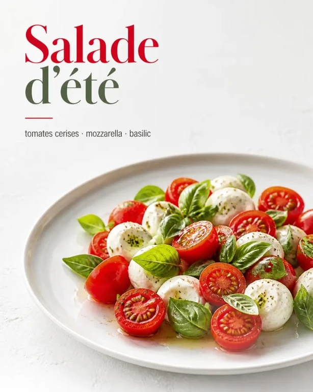 Salade ete colorée avec tomates cerises, mozzarella, basilic et huile d’olive